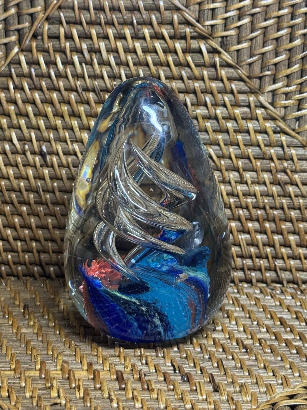 Egg Shape Clear Ribbon Spiral Swirl w/Colorful Base Design Art Glass Paperweight